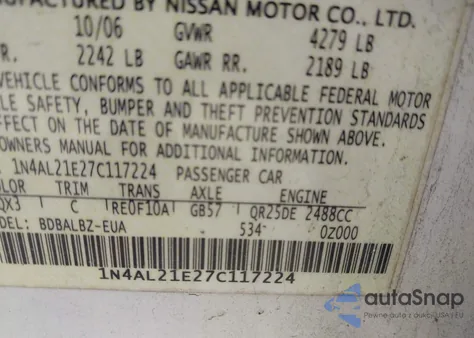 2007 Nissan Altima 2.5 S из США, поврежденный, VIN 1N4AL21E27C117224